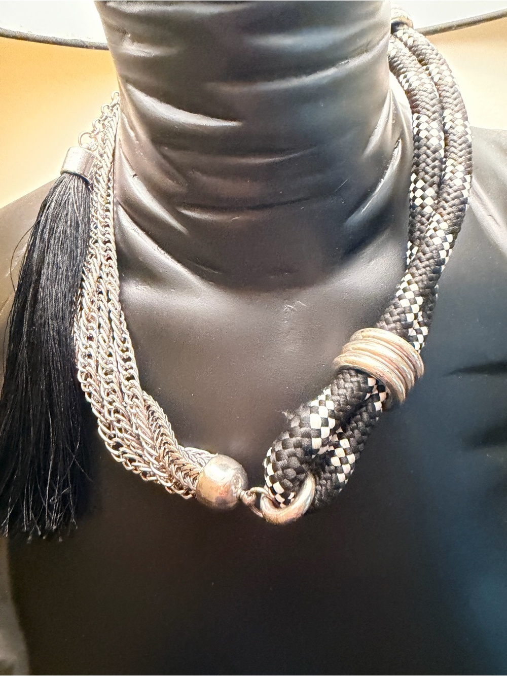 Statement Black and Silver Braided Rope Necklace with Tassel